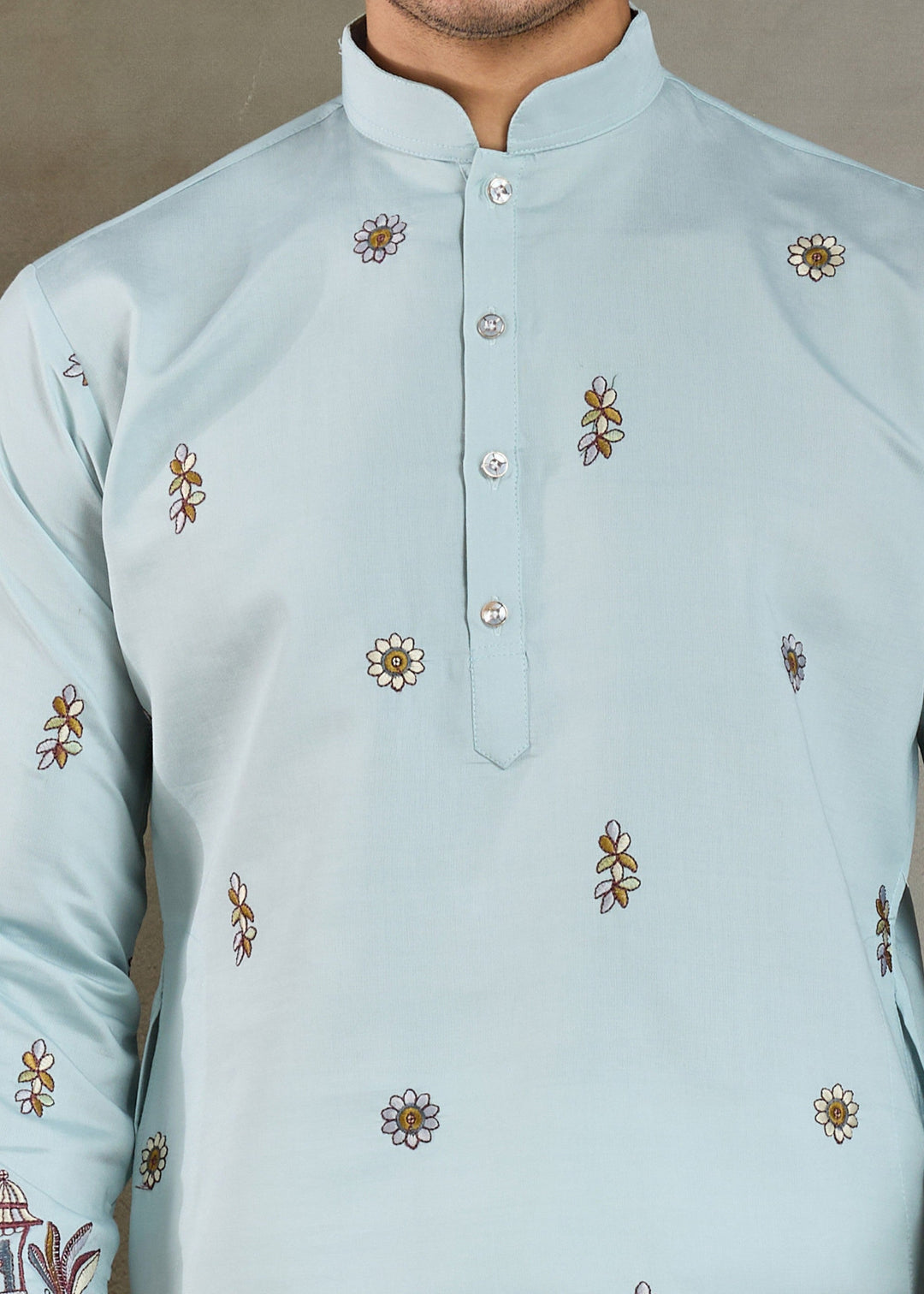 Light Blue Viscose Silk Kurta Set With Thread & Sequins Embroidered Work