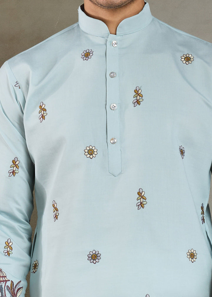 Light Blue Viscose Silk Kurta Set With Thread & Sequins Embroidered Work