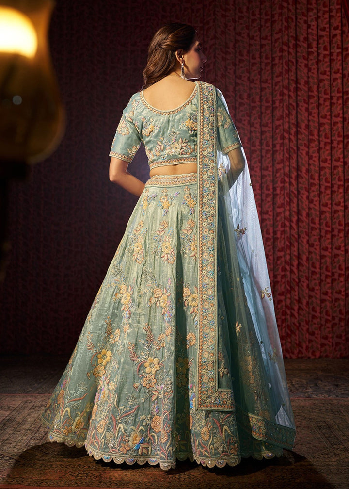 Torquise Dori Sequins Thread work Organza Lehenga