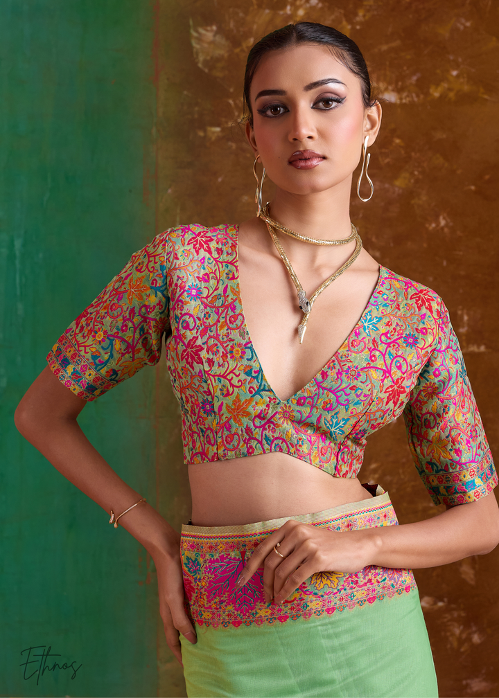 Pistachio Green with Multicolour Floral Weave Saree