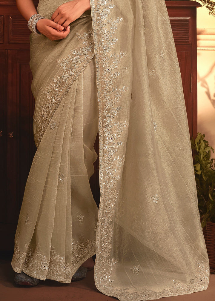 Beige Tissue Organza Silk Saree