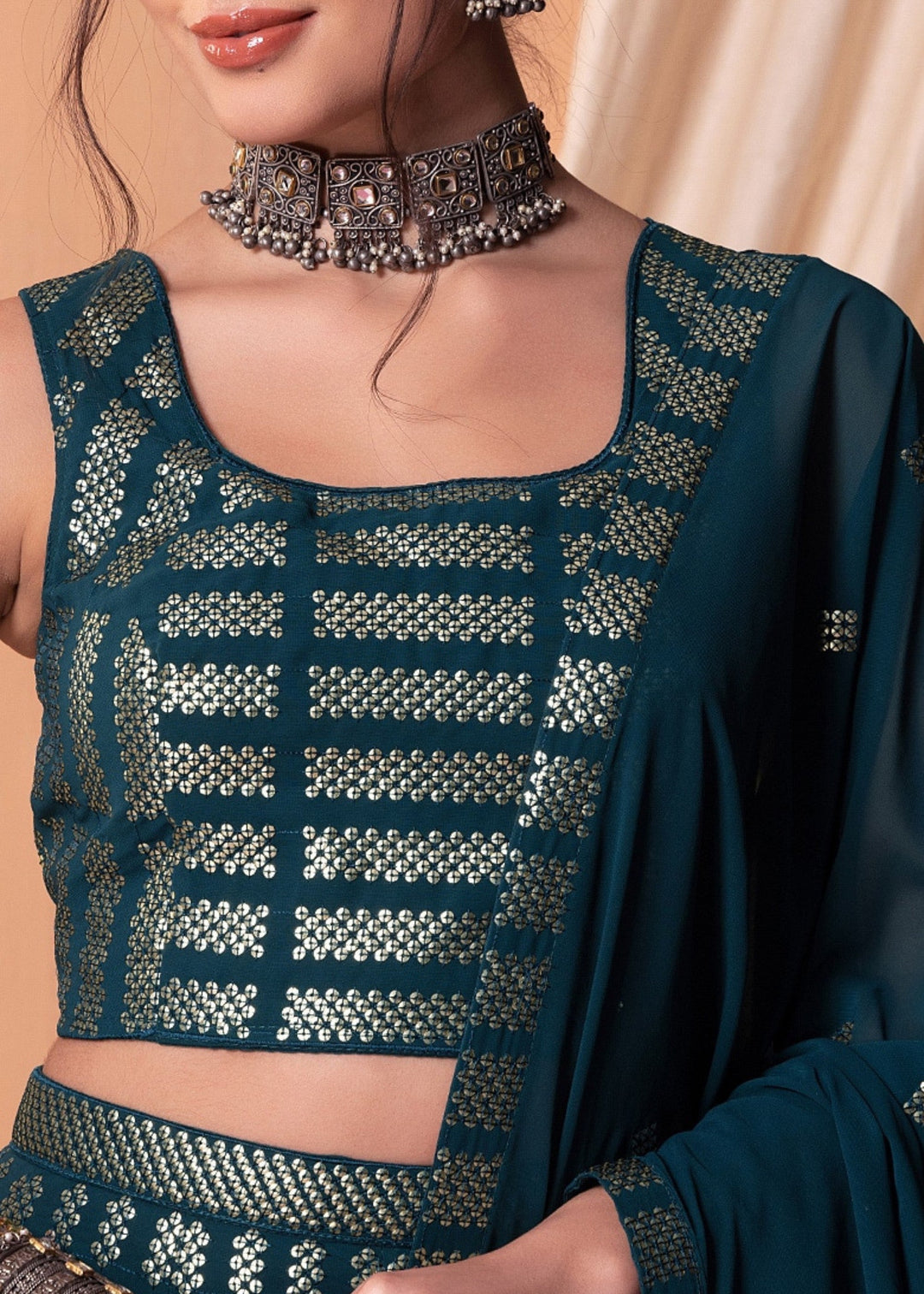 Teal Blue Georgette Lehenga Choli With Sequins And Thread Embroidery Work
