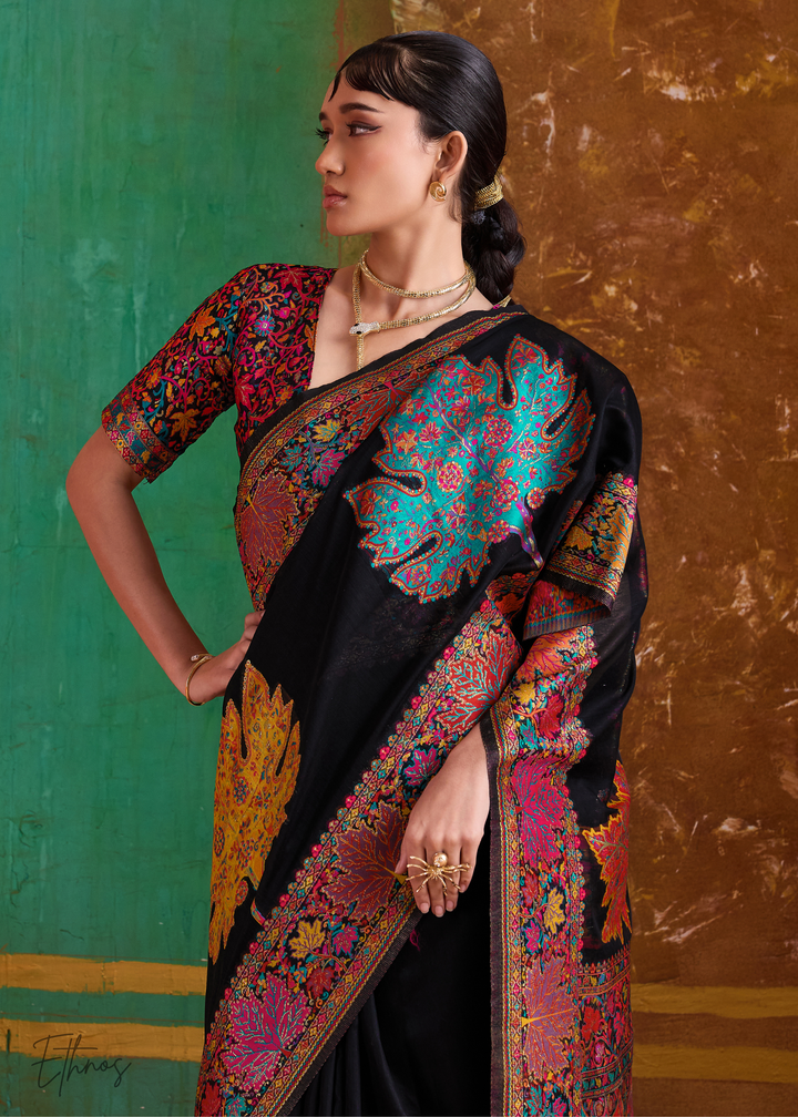 Midnight Black with Rich Multicolour Floral Weave Saree