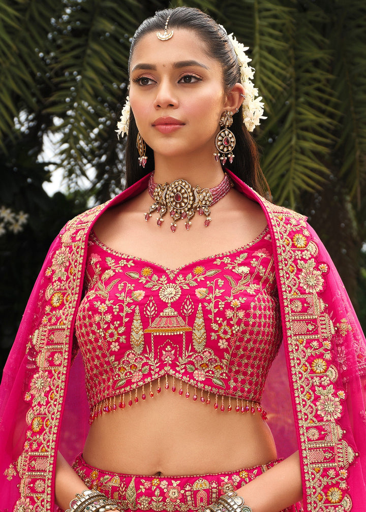 Rani Pink Heavy Bridal Silk Lehenga With Khatli And Embroidery Work