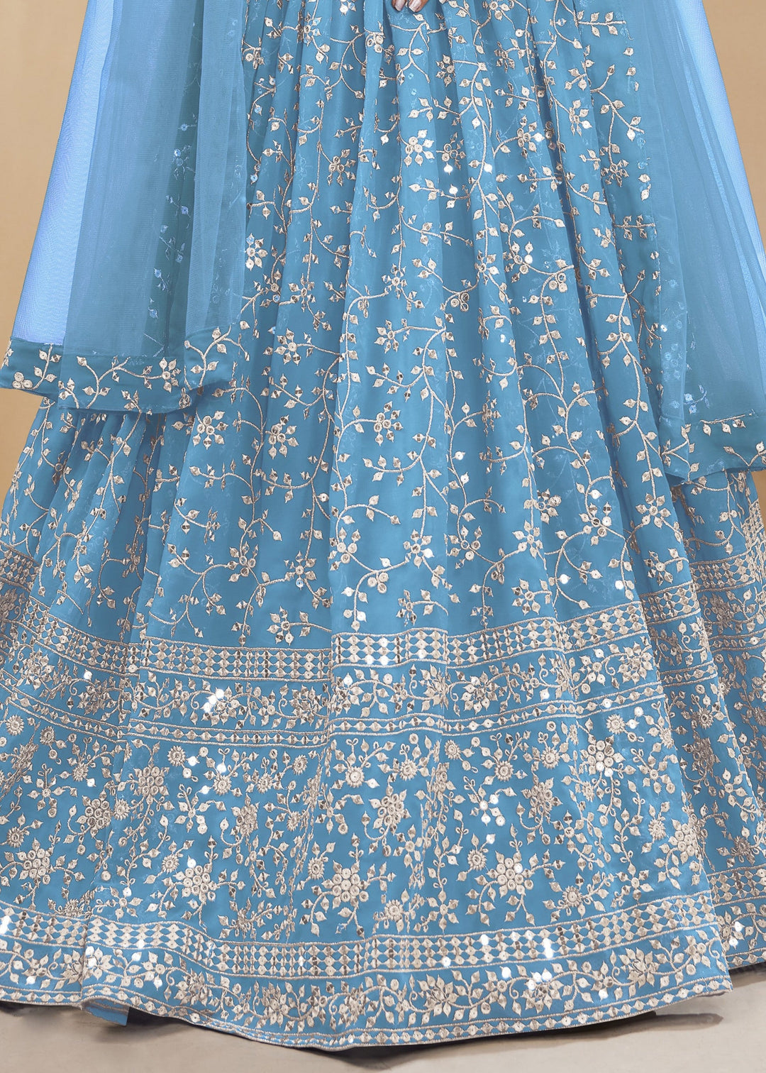 Sky Blue Georgette Lehenga Choli With Sequins Zari Embroidered Work