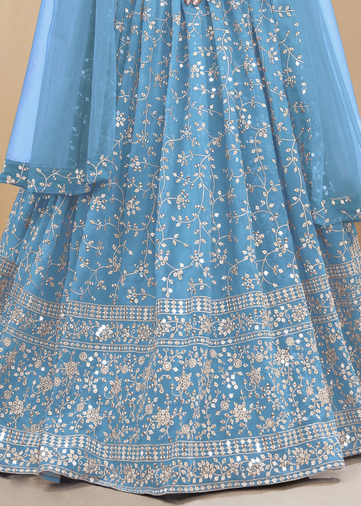 Sky Blue Georgette Lehenga Choli With Sequins Zari Embroidered Work