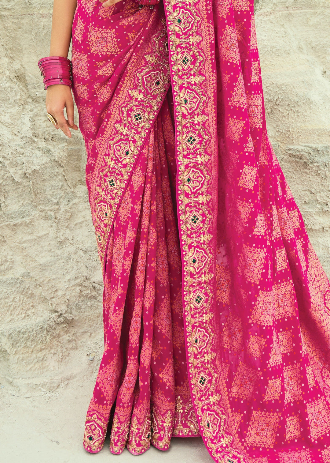 Hot Pink Georgette Bandhej Saree