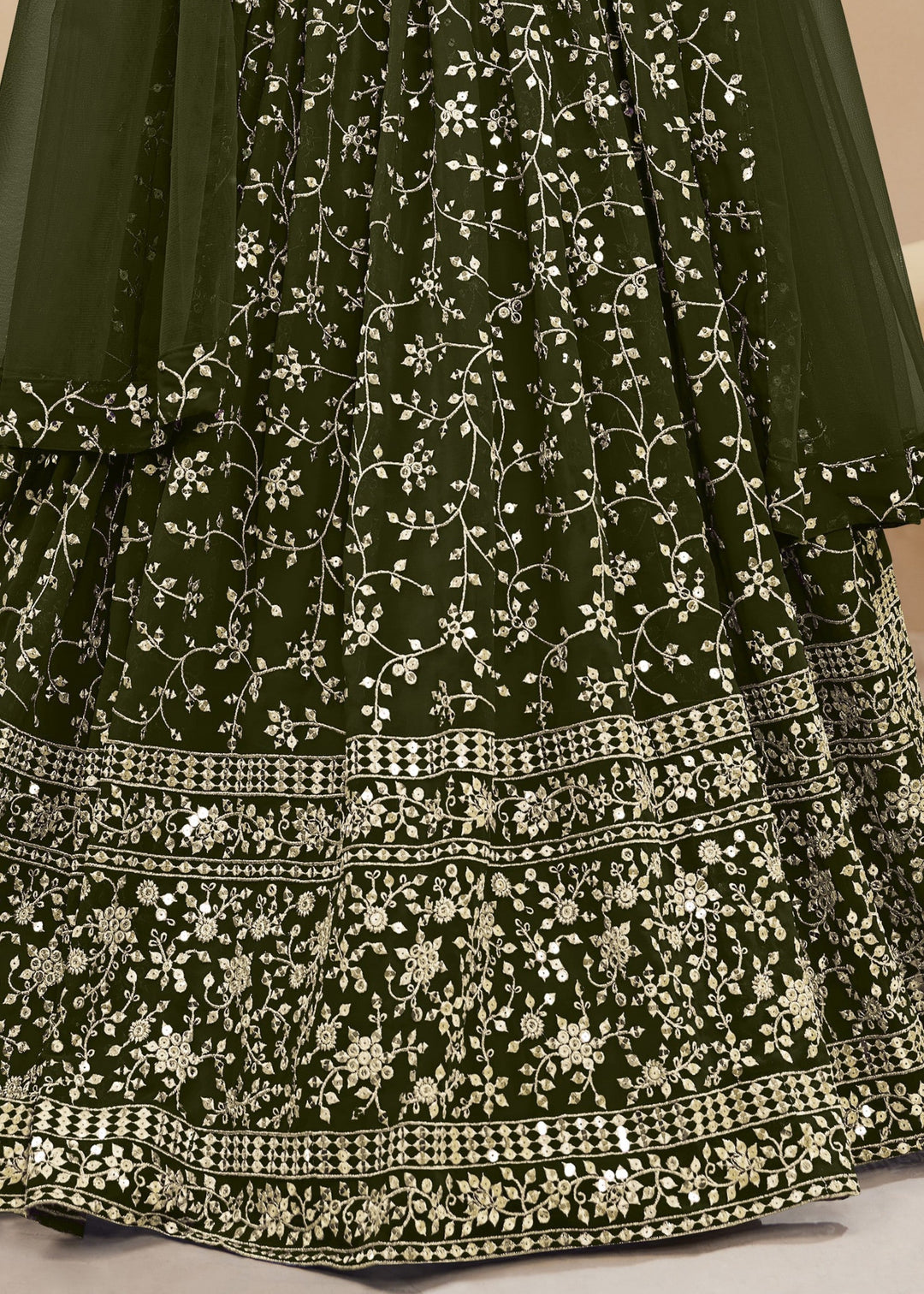 Mehendi Green Georgette Lehenga Choli With Sequins Zari Embroidered Work