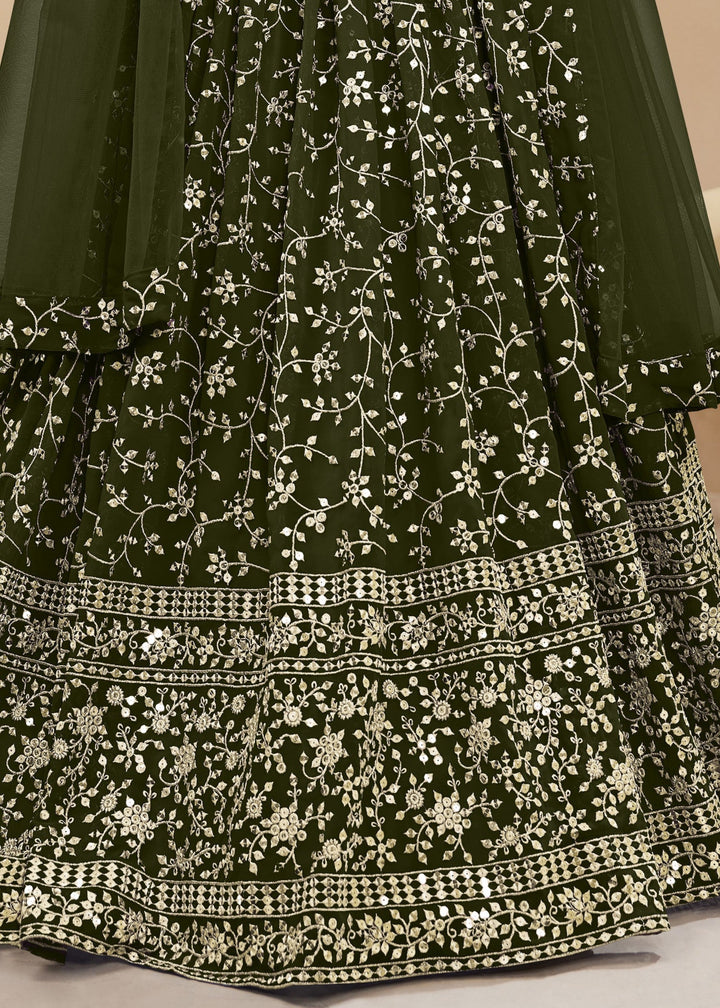 Mehendi Green Georgette Lehenga Choli With Sequins Zari Embroidered Work