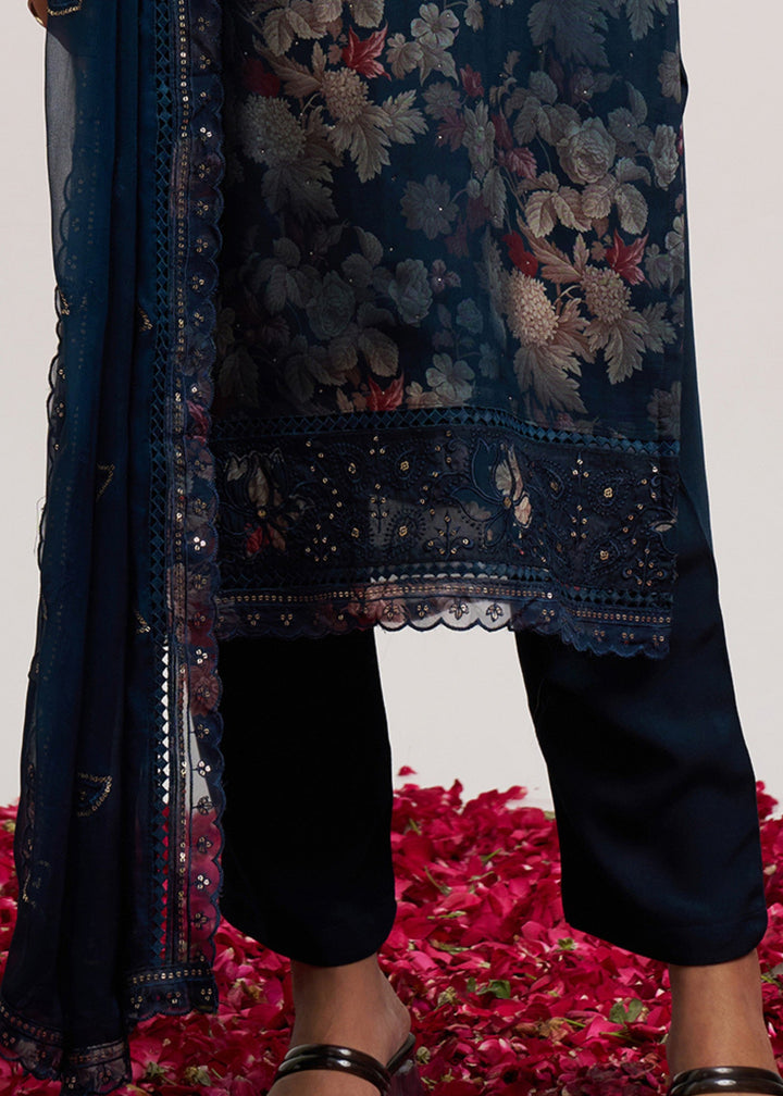 Indigo Blue Organza Pant Style Suit WIth Chiffon Dupatta