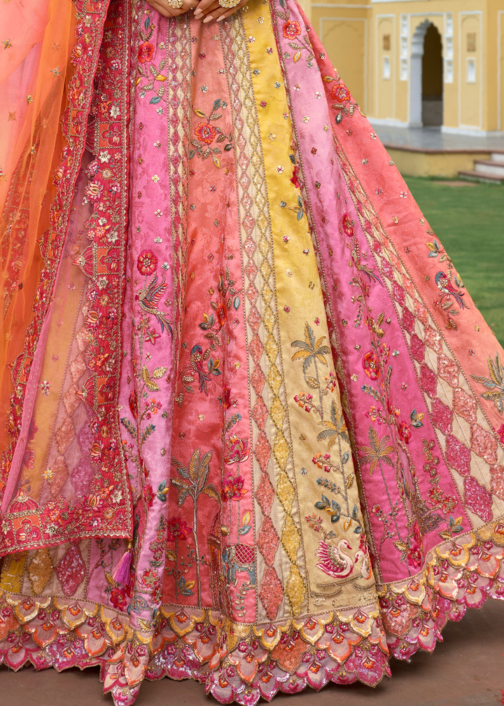 Peach Pink Ombre Silk Lehenga With Cut Work Border And Embroidery
