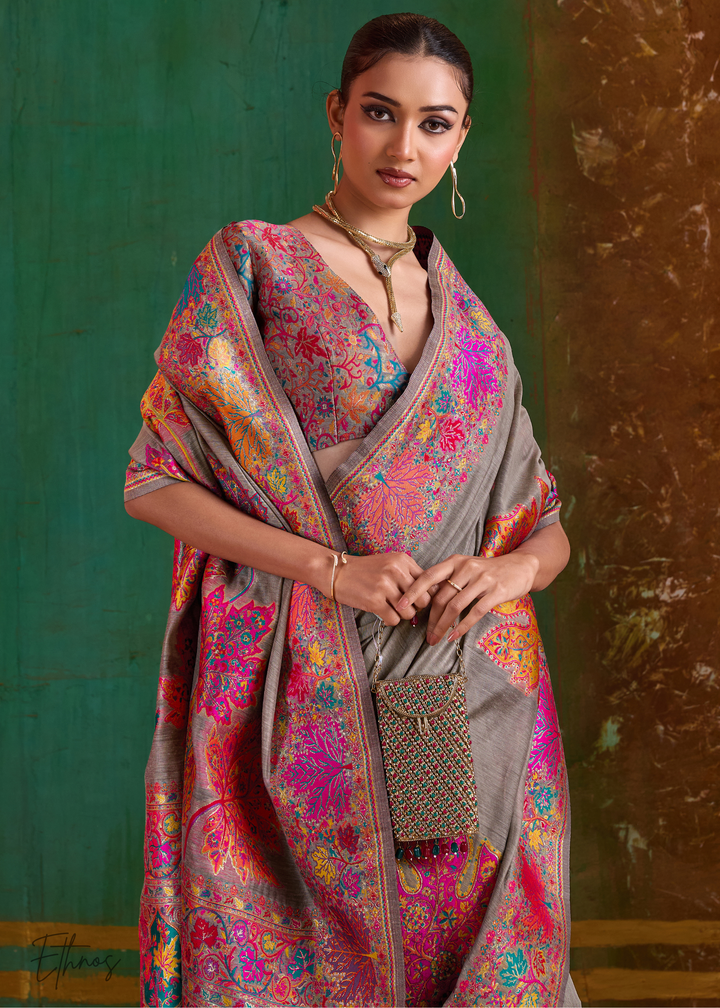 Mushroom Grey with Multicolour Floral Weave Saree