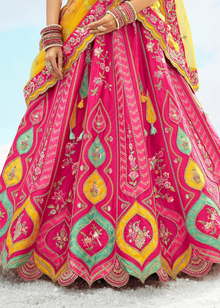 Pink and Yellow Silk Lehenga With Cut Work Border