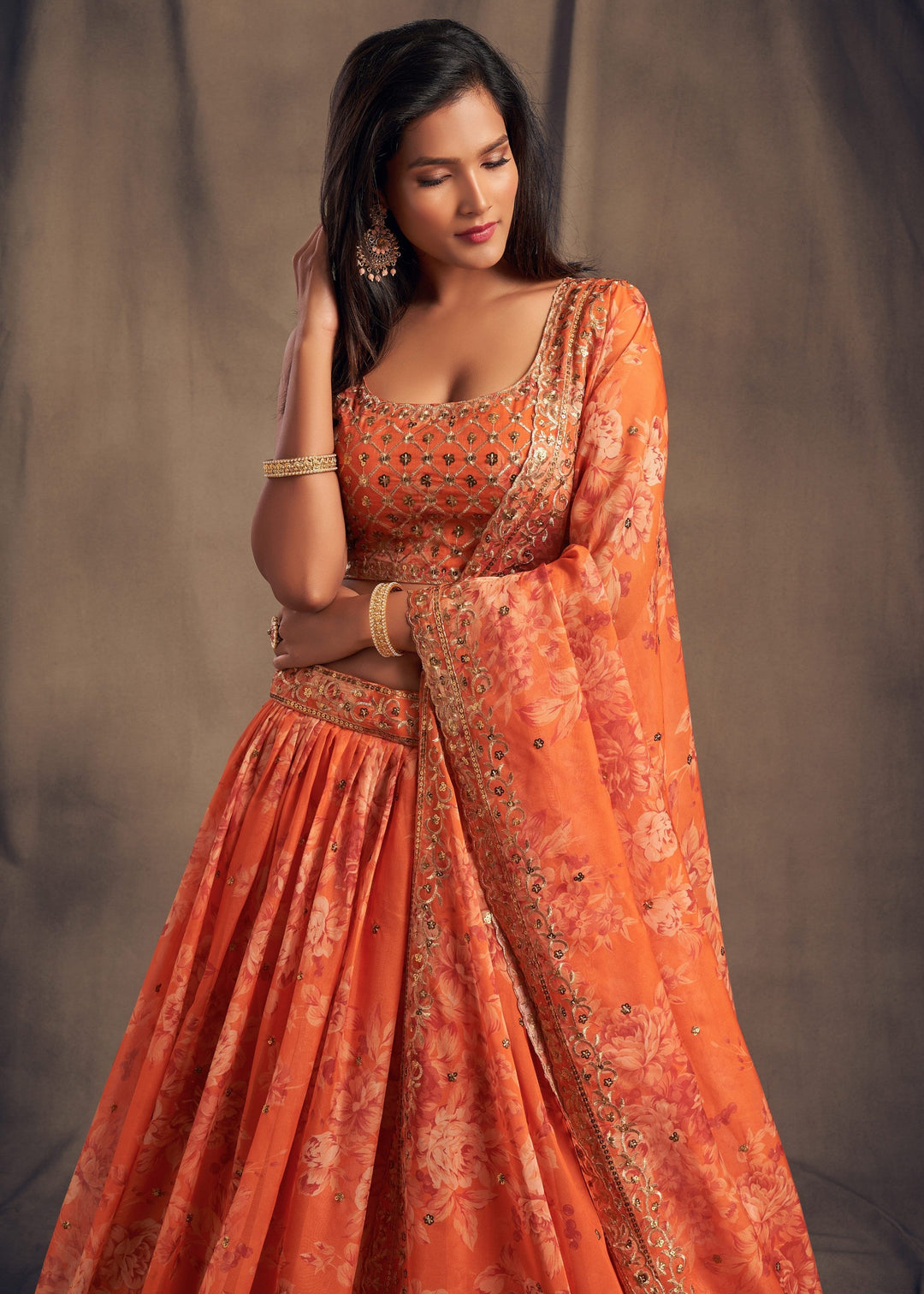 Orange Organza Lehenga with Dupatta