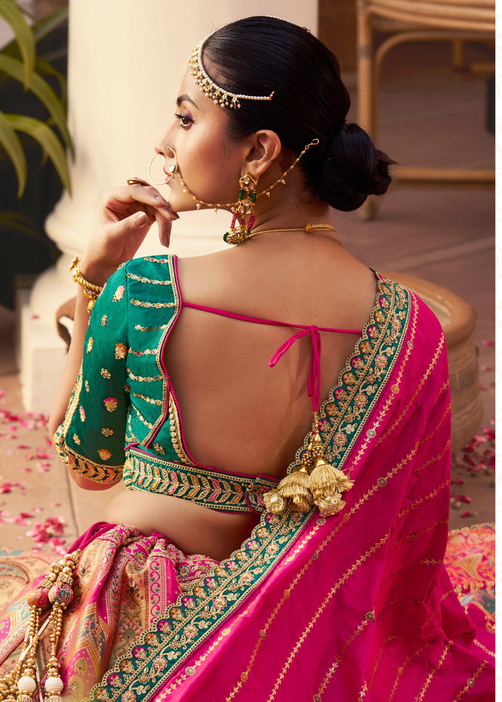 Magenta Pink Banarasi Silk Lehenga With Golden Zari Work