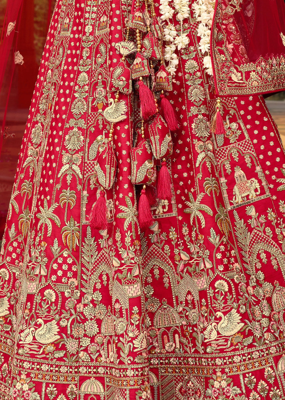 Currant Red Heavy Bridal Silk Lehenga With Khatli And Embroidery Work