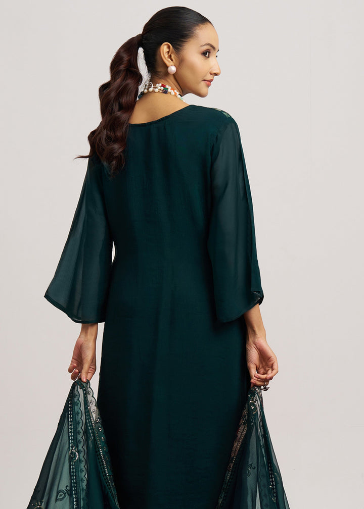 Pine Green Organza Pant Style Suit WIth Chiffon Dupatta