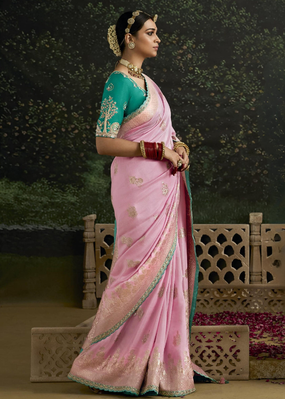 Soft Pink and Green Viscose Silk Saree