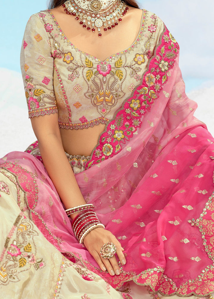 Off-white and Megenta Lehenga With Cut Work Border