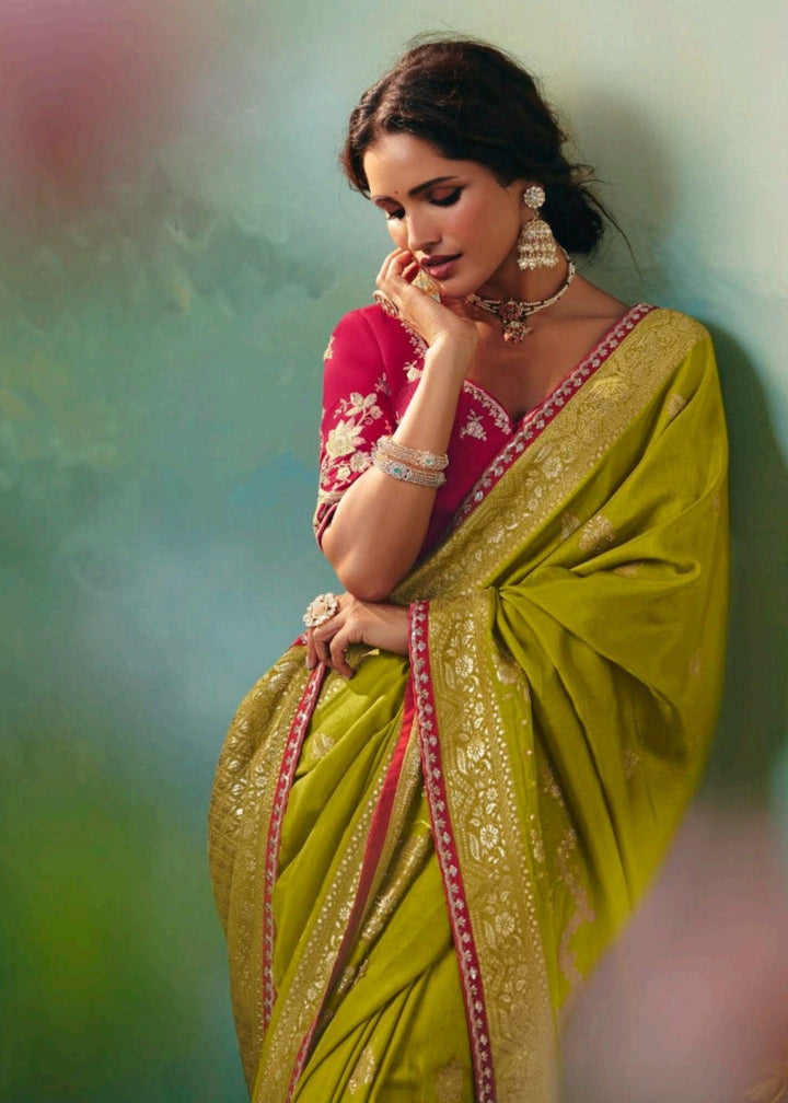 Olive Green Viscose Dola Silk Saree