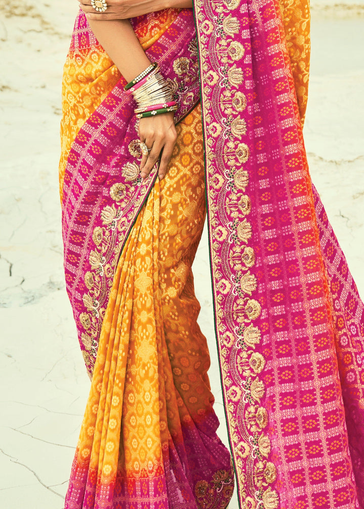 Yellow & Pink Georgette Bandhej Saree