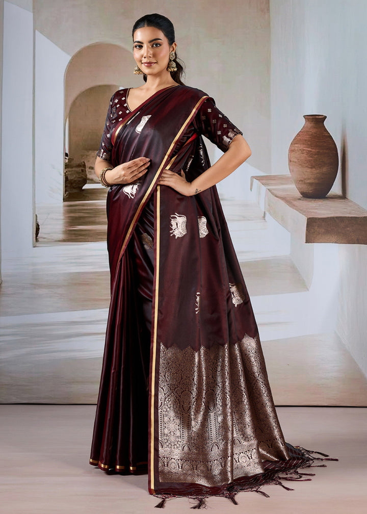 Wine Red Satin Silk Saree