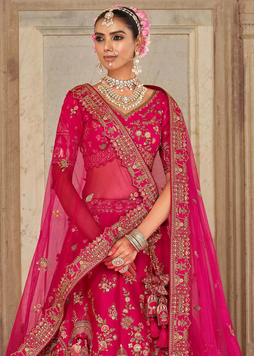 Raspberry Pink Heavy Bridal Silk Lehenga With Khatli And Embroidery Work