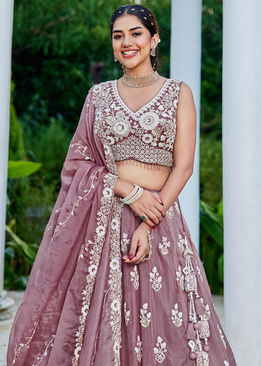 Lavender Organza Lehenga Choli with Beads & Sequince Embroidered