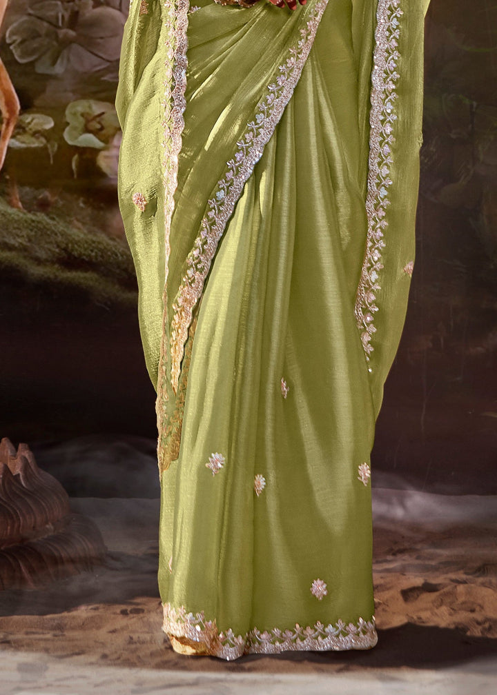 Lavender And Olive Green Cotton Silk Saree