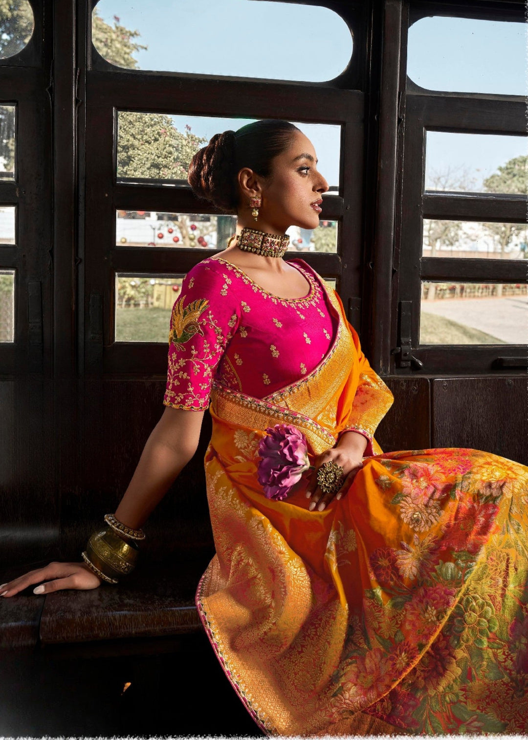 Orange Soft Dola Viscous Silk with 3d Weaved Pallu and contrast blouse Saree