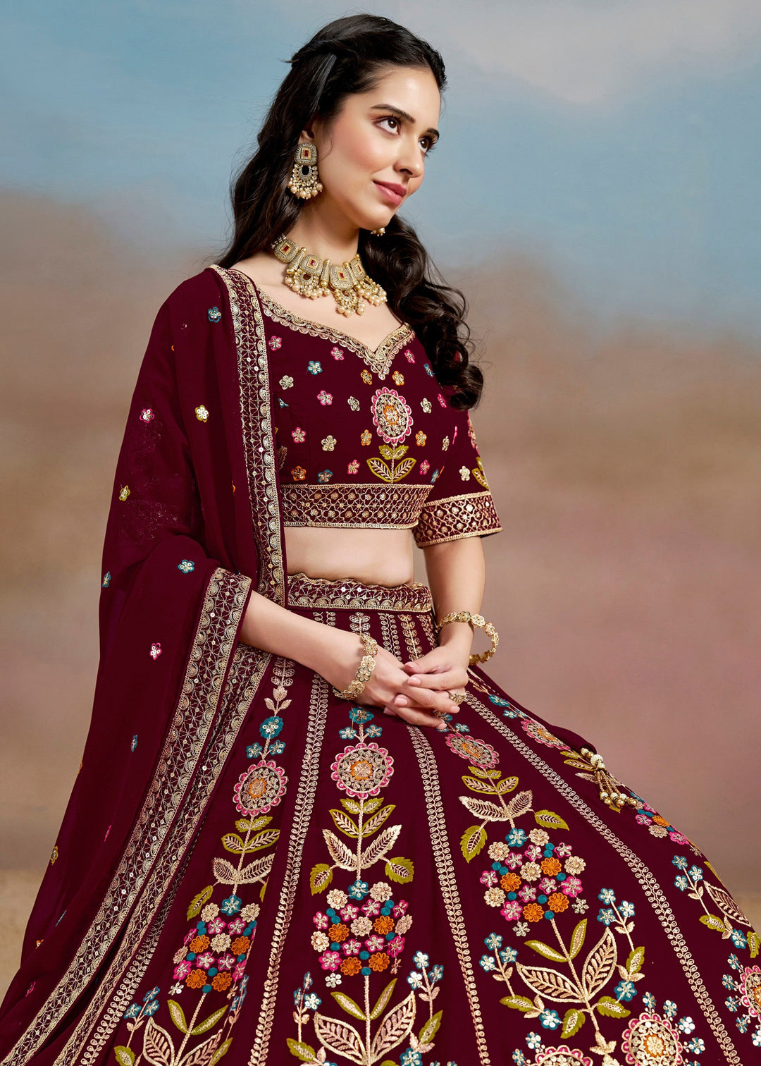 Maroon Georgette Lehenga With Dupatta