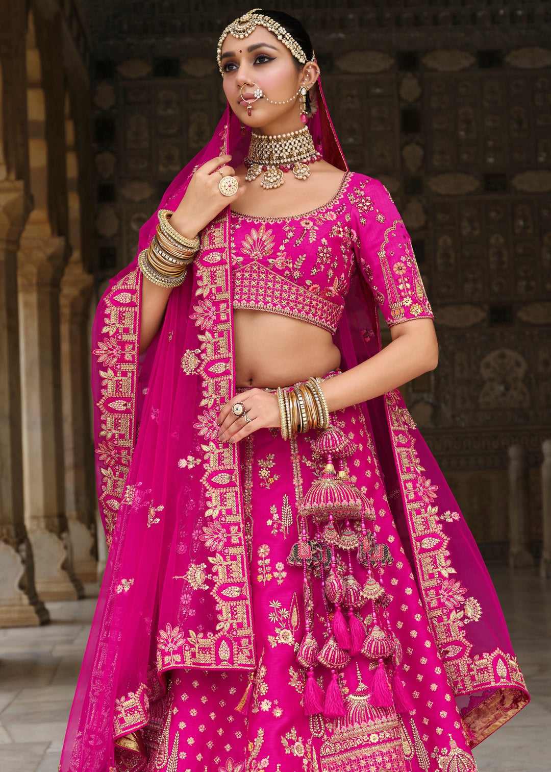 Bright Pink Heavy Bridal Silk Lehenga With Khatli And Embroidery Work