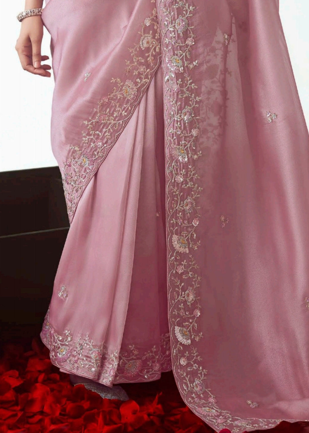 Crepe Pink Fancy Fabric Silk Saree With Hand Embroidered Work And Cut Work Border