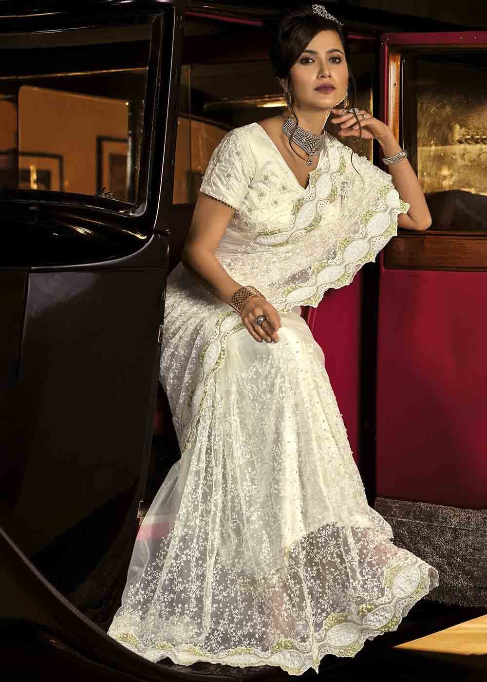 Pearl White Designer Net Saree with Jari, Thread, Diamond & Moti work
