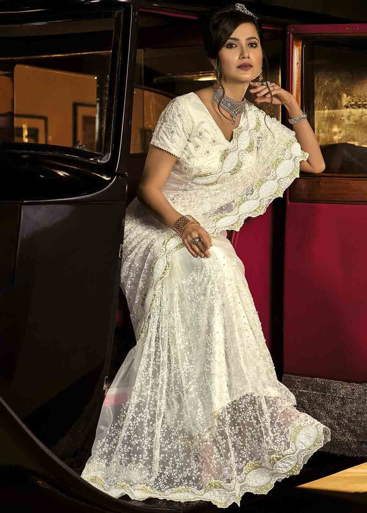 Pearl White Designer Net Saree with Jari, Thread, Diamond & Moti work