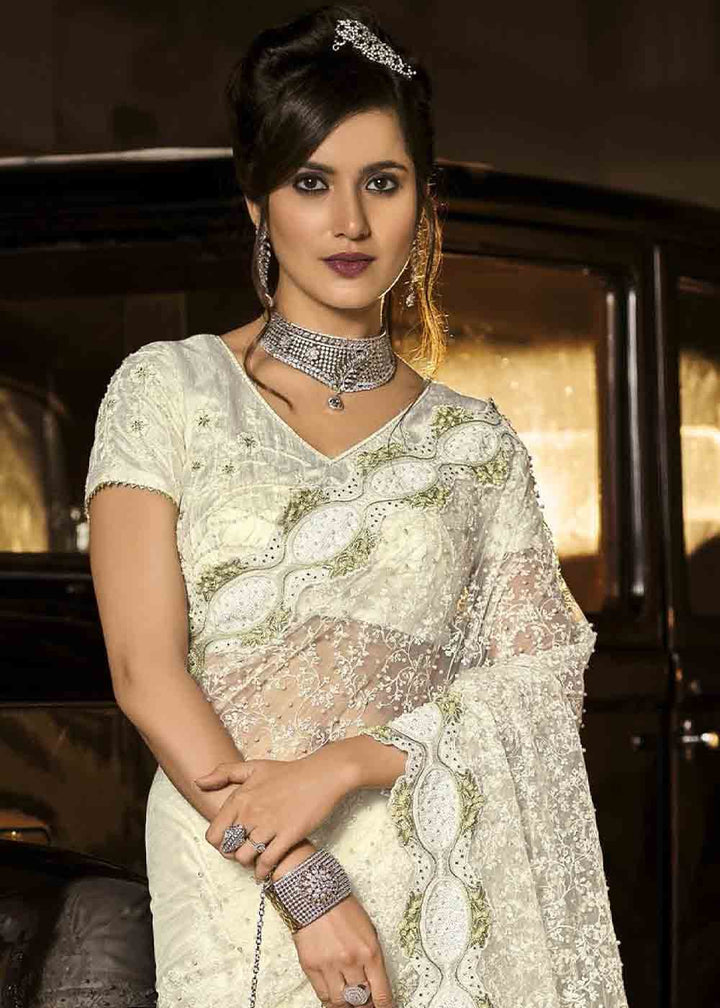 Pearl White Designer Net Saree with Jari, Thread, Diamond & Moti work
