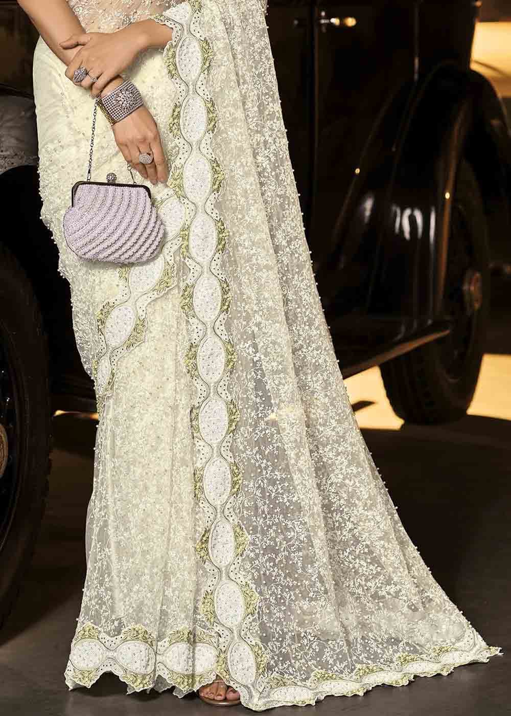 Pearl White Designer Net Saree with Jari, Thread, Diamond & Moti work