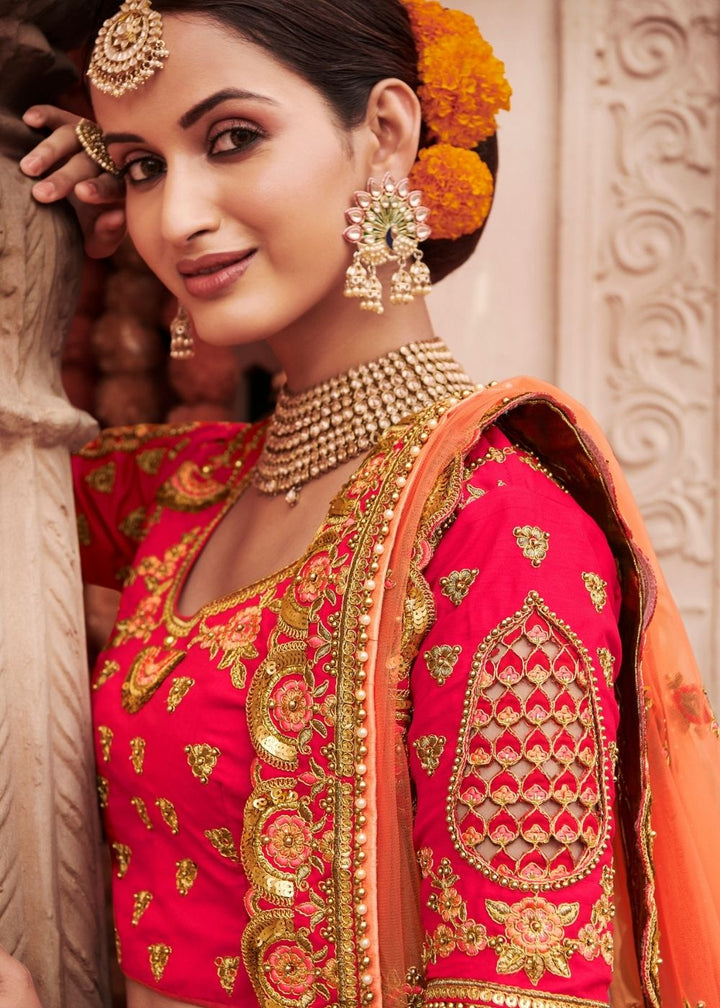 Punch Pink Silk Bridal Lehenga Choli with Heavy Thread Embroidery and Stone work