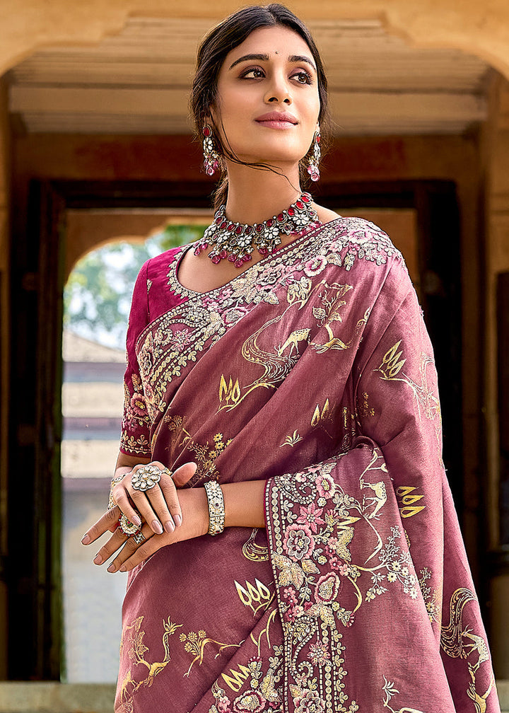Mulberry Pink Tissue Silk Saree with Stone & Embroidery cut Work Border