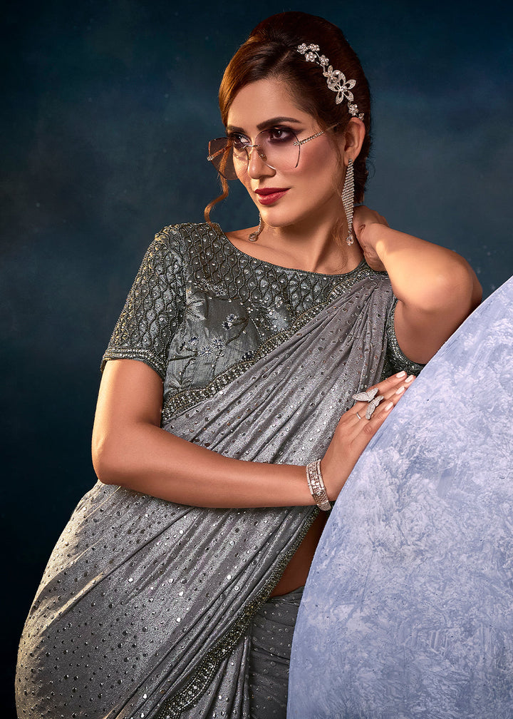 Iron Grey Designer Imported Fabric Saree