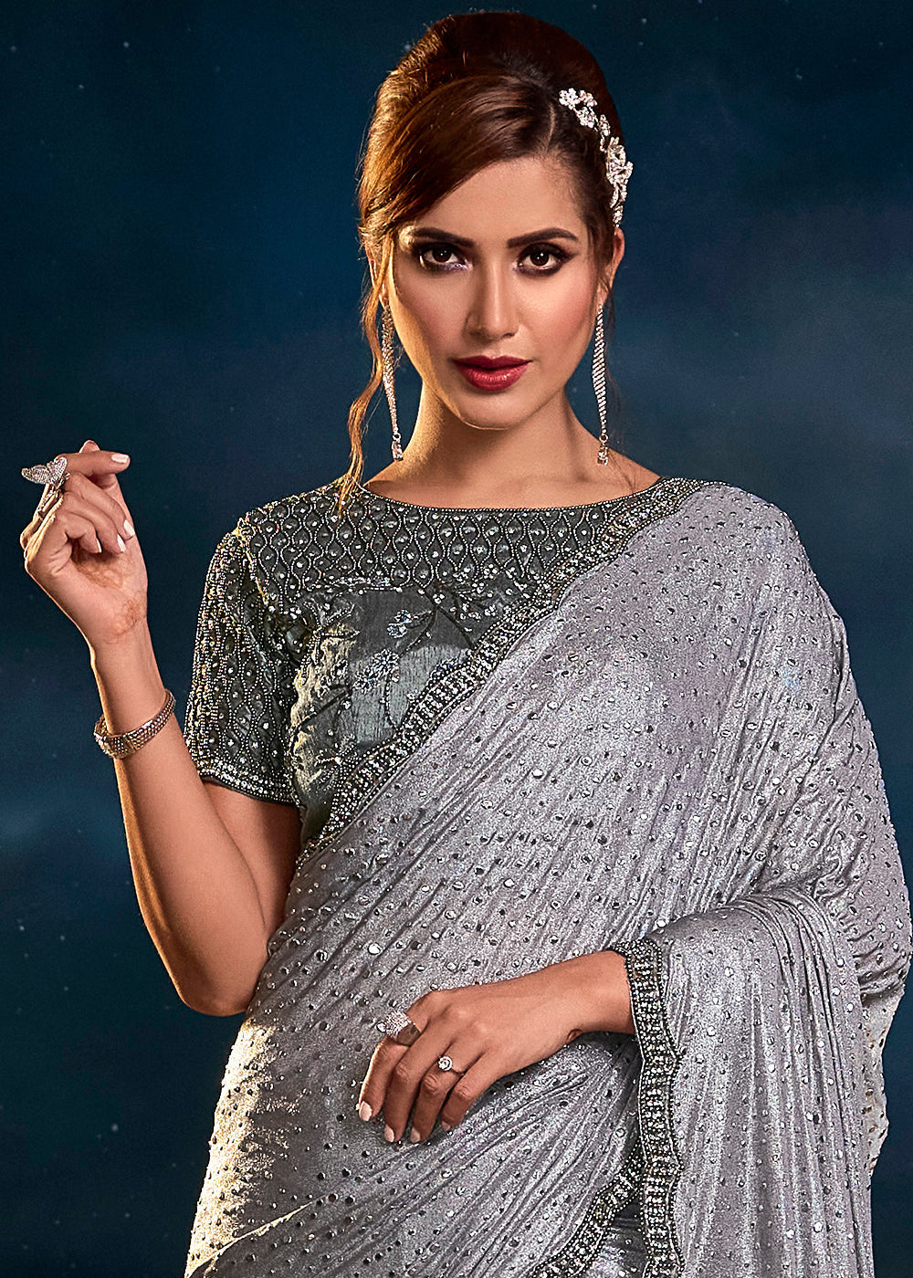 Iron Grey Designer Imported Fabric Saree
