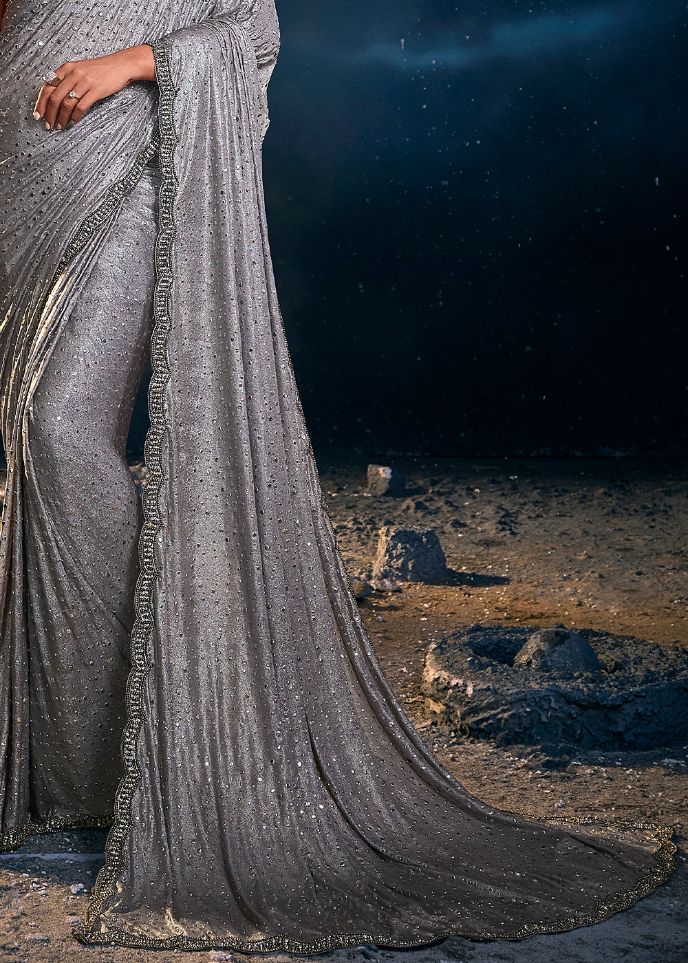 Iron Grey Designer Imported Fabric Saree