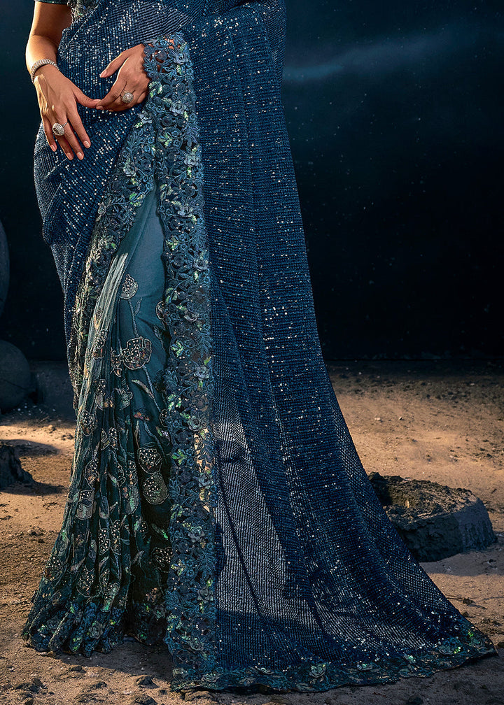 Turkish Blue Designer Net Saree with Thread,Sequence,Moti,Zarkan work & Imported Fabric Sequence Pallu
