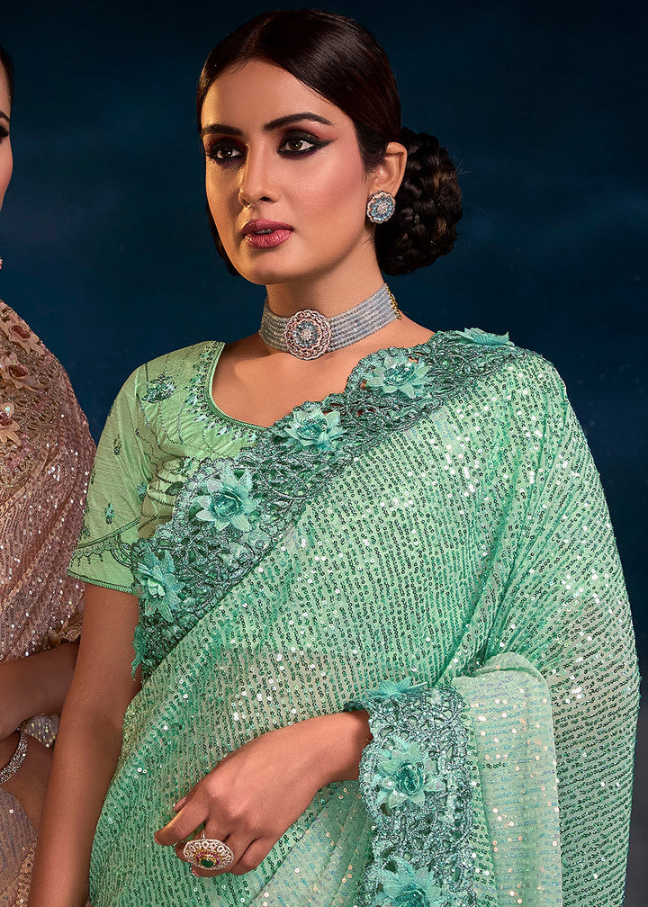 Sea Green Designer Imported Fabric Saree
