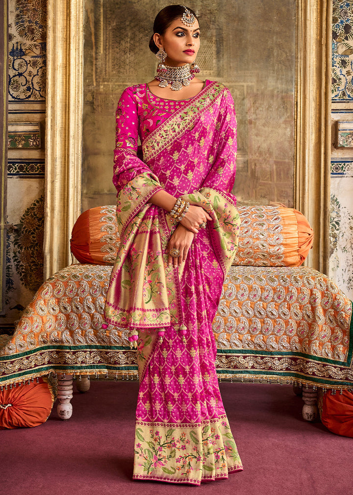 Shades Of Pink Woven Patola Printed Dola Silk Saree with Heavy Embroidered Blouse