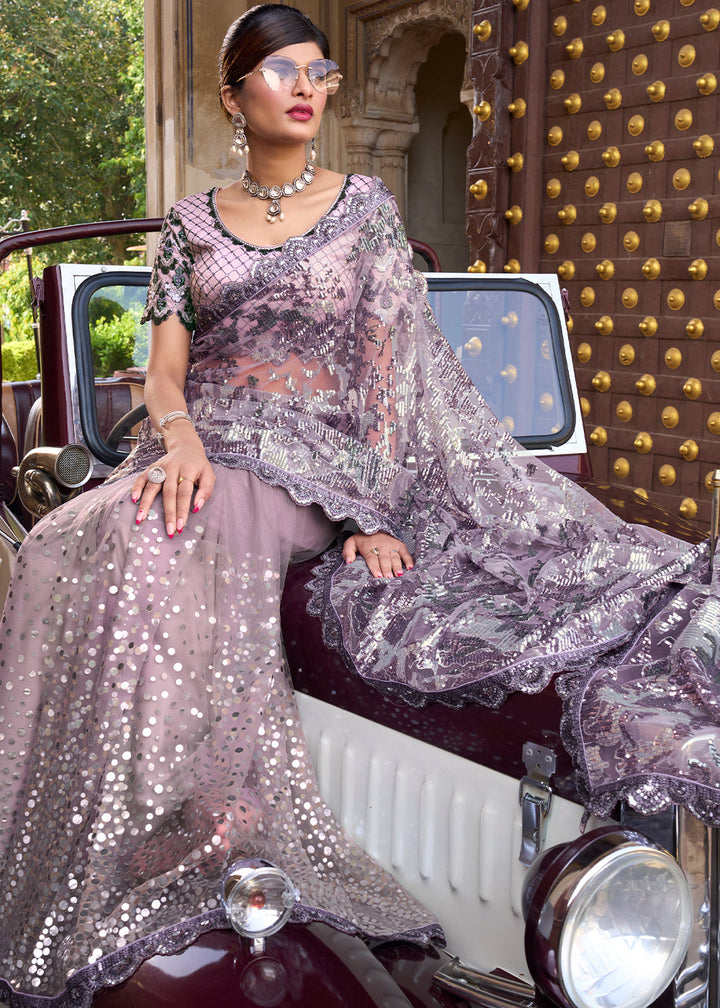 Periwinkle Purple Digital Net Saree with Mirror & Foil work and Sequence Pallu
