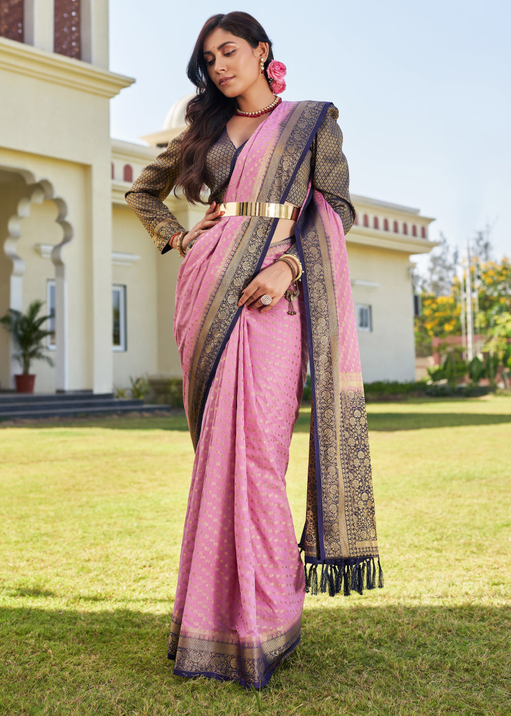 Neon Pink Zari Woven Georgette Saree