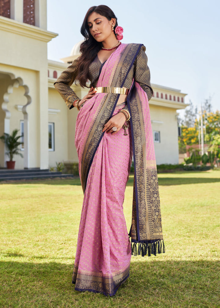 Neon Pink Zari Woven Georgette Saree