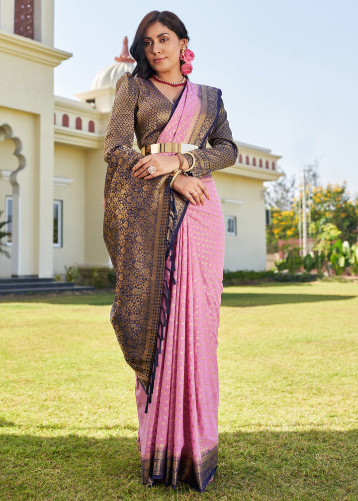 Neon Pink Zari Woven Georgette Saree