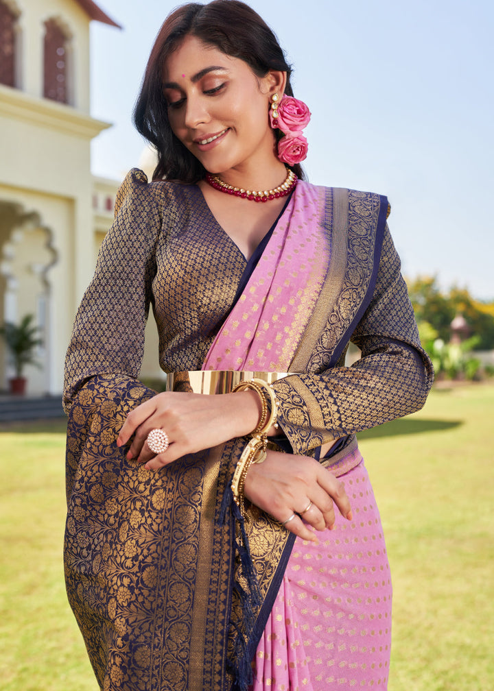 Neon Pink Zari Woven Georgette Saree